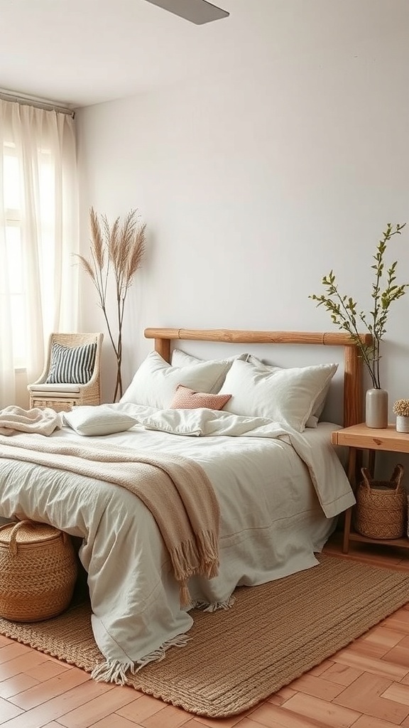A minimalist bedroom featuring soft linen bedding, a wooden bed frame, and organic textures like a woven basket and area rug.