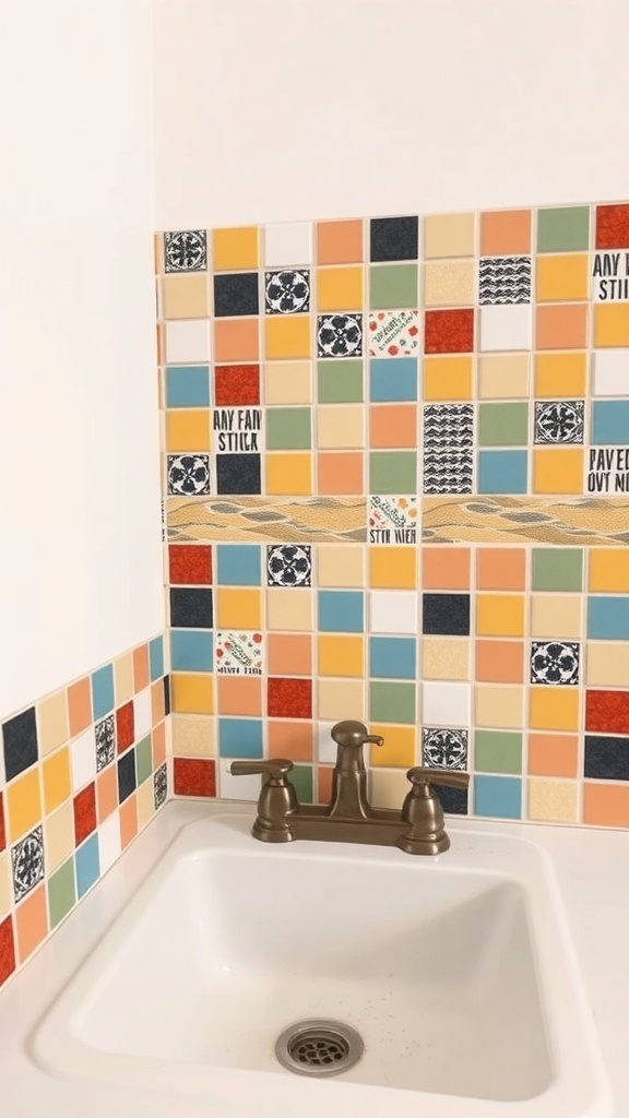 Colorful removable backsplash stickers applied around a sink, creating a playful mosaic effect.