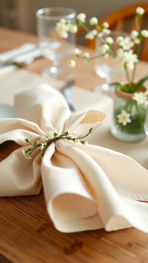 A tied linen napkin with a small floral accent on a wooden table.