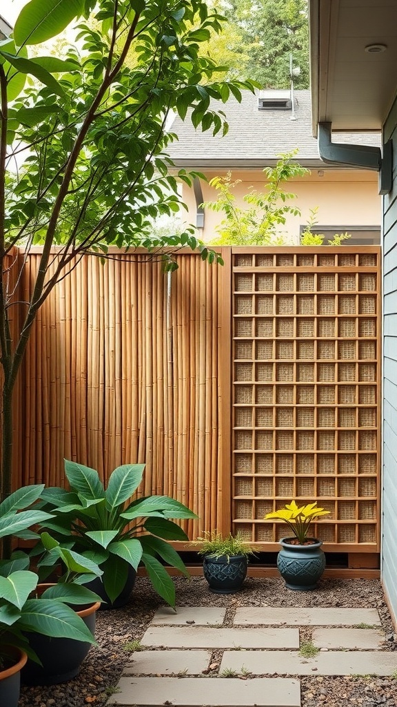 A small backyard with a bamboo privacy screen and lush green plants in pots.