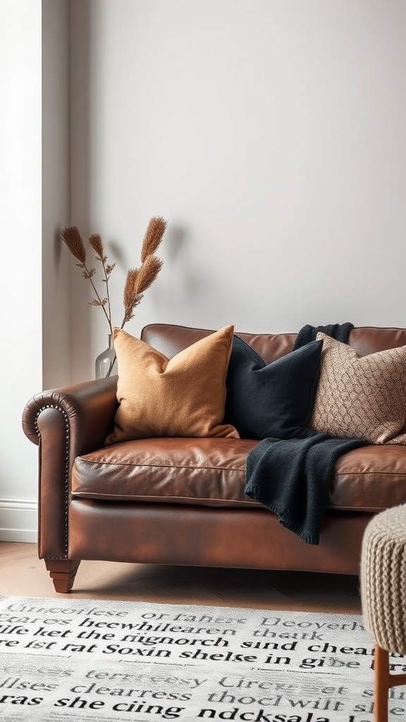 A brown leather sofa with decorative pillows and a cozy throw blanket, set against a neutral wall.
