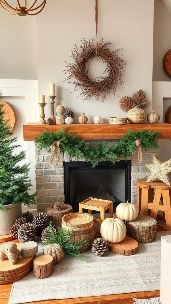 A cozy living room decorated with rustic wooden accents, including a wreath, wooden ornaments, and pinecones.