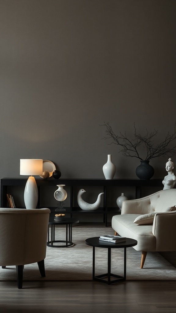 A dark feminine bedroom featuring sculptural decor and curved furniture, showcasing a cozy and elegant atmosphere.