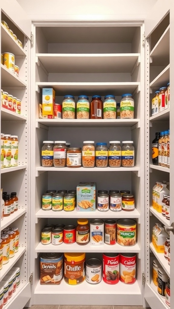 Organized pantry with shelf dividers separating jars and cans
