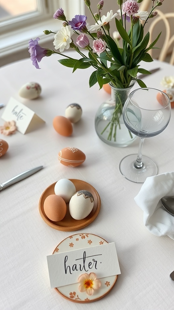 A spring table setting featuring a vase of flowers, decorated eggs, and personalized place cards.