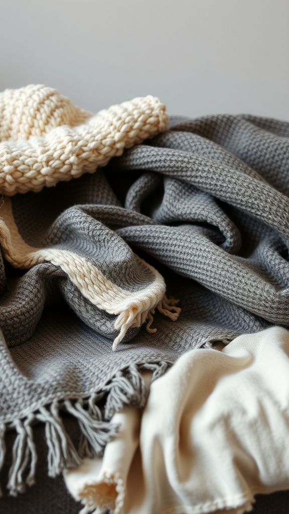 A cozy arrangement of gray and cream textured blankets and throws