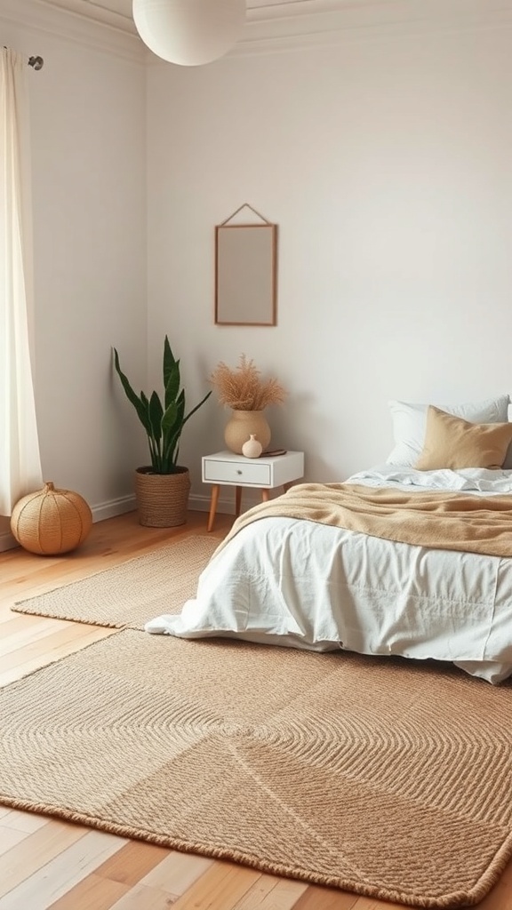 A minimalist bedroom featuring a soft woven area rug, a bed with neutral bedding, and a plant for a touch of nature.
