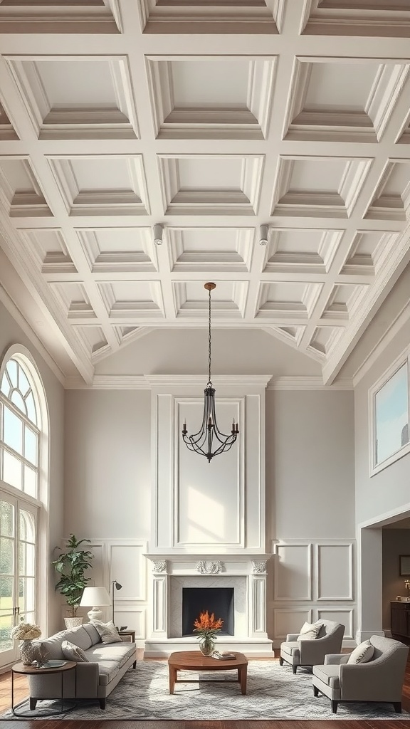 A living room with a coffered ceiling, featuring a chandelier and elegant furnishings.