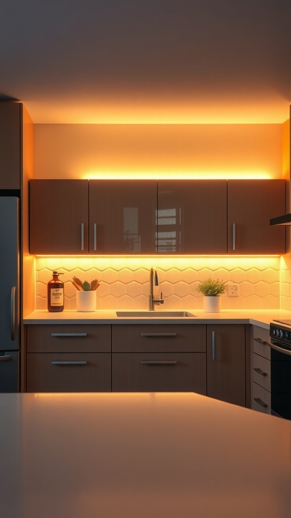 A modern kitchen with warm under-cabinet lighting illuminating the countertop and cabinets.