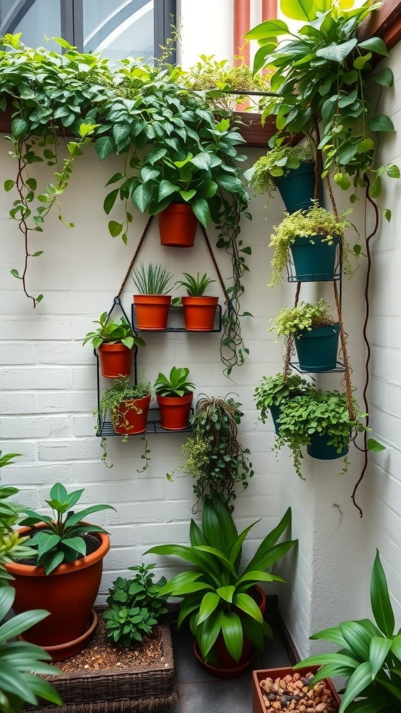 A small vertical garden featuring various potted plants on a wall, showcasing a mix of greenery and colorful pots.