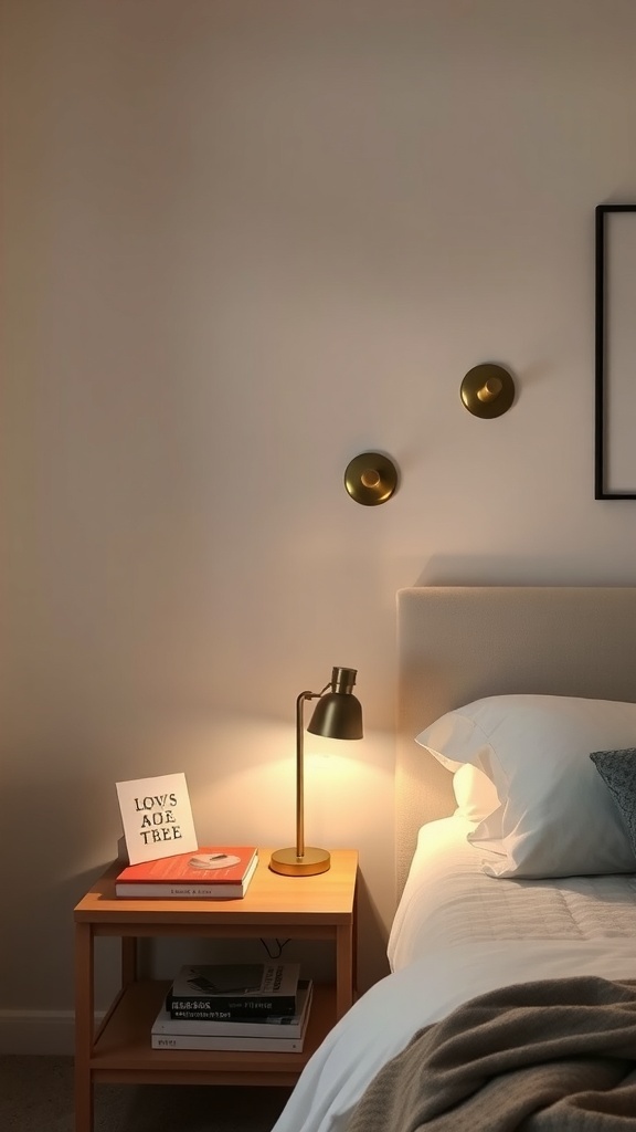 A cozy bedroom featuring wall sconces above the bed, a bedside table with a lamp and books, and a neatly made bed.