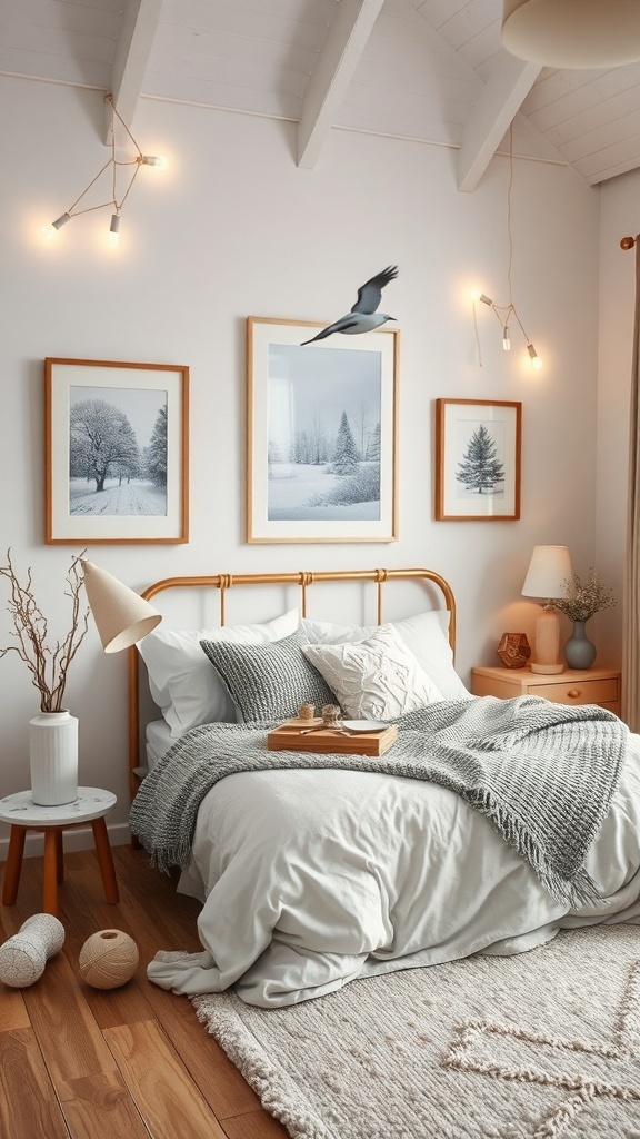 A cozy bedroom with winter-themed artwork on the walls, featuring framed prints of snowy landscapes.