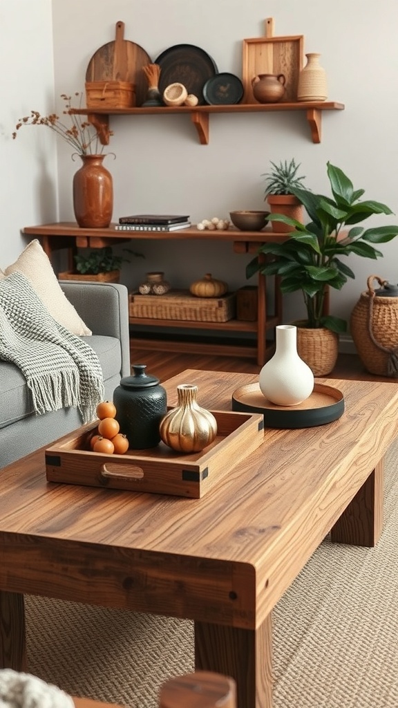A cozy living room featuring a wooden coffee table with decorative items, a knitted throw on the sofa, and wooden shelves displaying various decor.