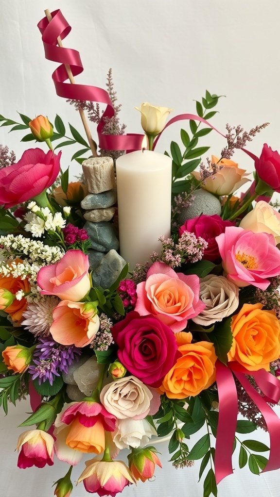 A colorful flower arrangement with a white candle, pink ribbons, and decorative stones.