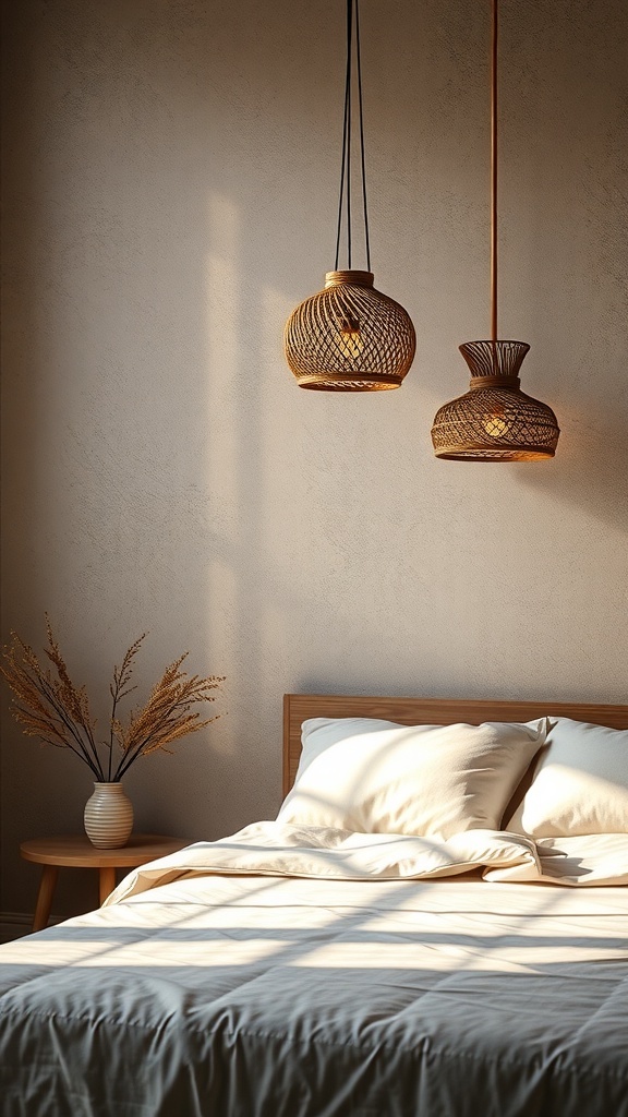 Two woven pendant lights hanging above a bed in a cozy bedroom setting.