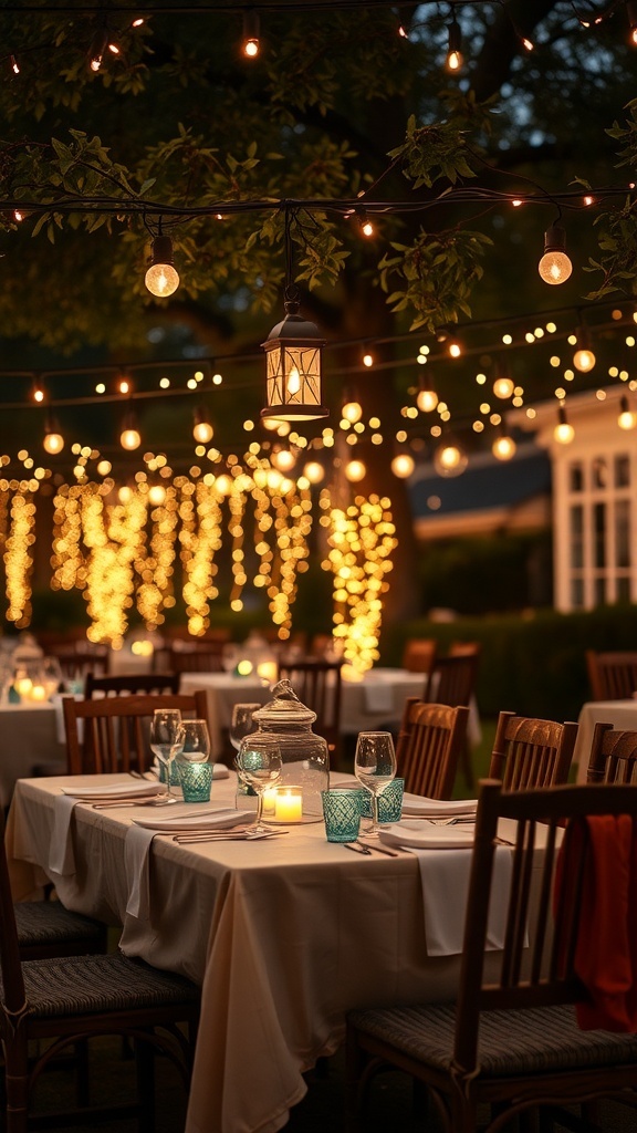 Outdoor table setting with string lights and lanterns for evening gatherings.