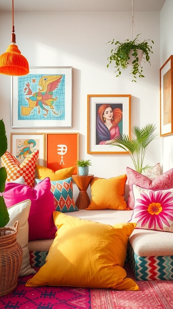 A cozy corner with colorful pillows, vibrant artwork, and plants, showcasing bright decorative accents.