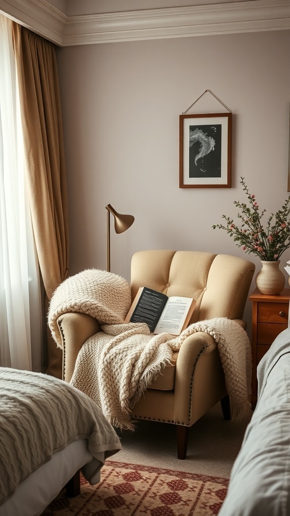 Cozy seating area in a romantic bedroom with a plush armchair, knitted throw, and warm lighting.