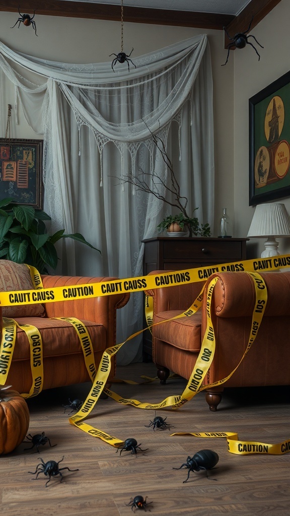 Living room decorated for Halloween with caution tape, fake spiders, and creepy cloth.