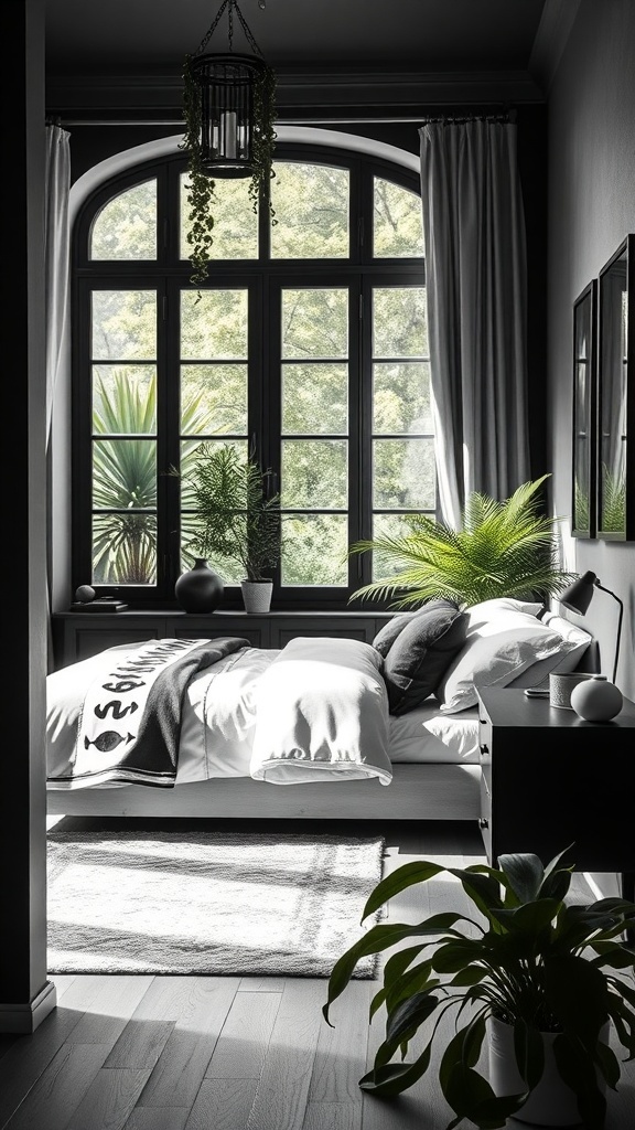 A stylish black and white bedroom featuring plants by the window, enhancing the decor with greenery.