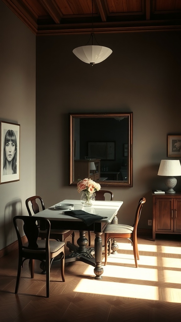 A small dining room featuring a table, chairs, and a large mirror reflecting light and decor.