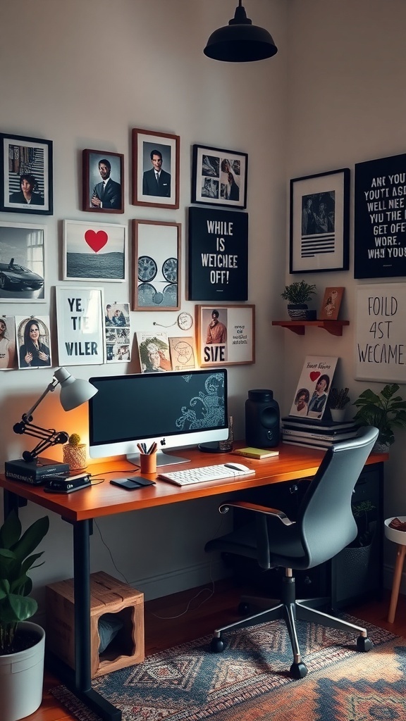 A cozy bedroom workspace with personal touches including framed photos, motivational quotes, and a well-organized desk.