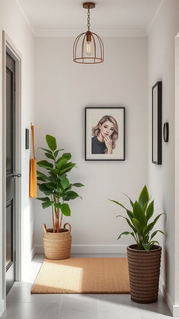 A small entryway with two potted plants, a framed portrait, and a woven rug, creating a stylish and inviting atmosphere.