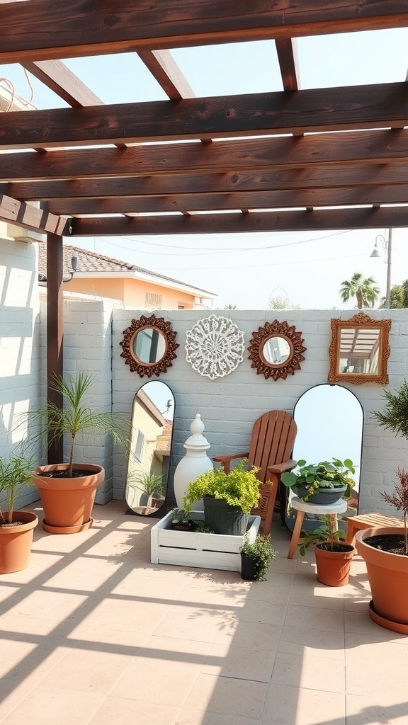 A cozy pergola patio with mirrors, plants, and a wooden chair, showcasing unique personal touches.