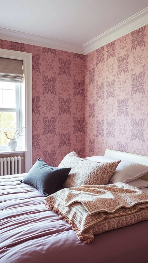 A mauve bedroom with floral patterned wallpaper and layered bedding.