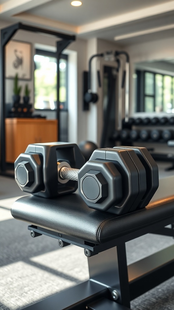 A pair of adjustable dumbbells on a black weight bench in a modern home gym setting.