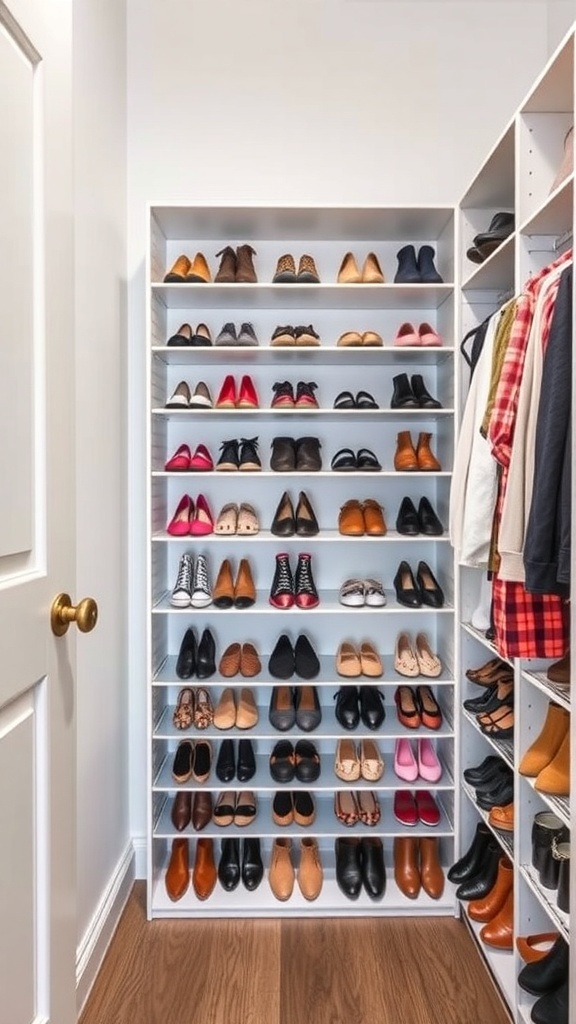 A neatly organized shoe shelf with adjustable shelving, displaying various types of shoes.