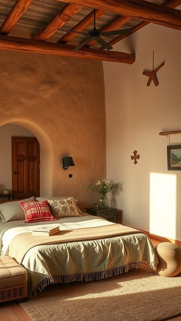 A cozy bedroom with adobe-inspired walls, wooden ceiling, and earthy decor.