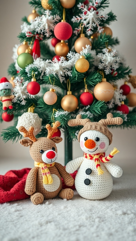 Crochet amigurumi snowman and reindeer next to a Christmas tree.