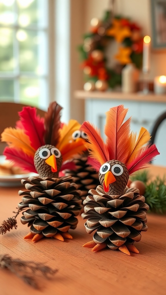 Colorful pinecone turkeys with feathers and googly eyes on a wooden table, surrounded by autumn decorations.