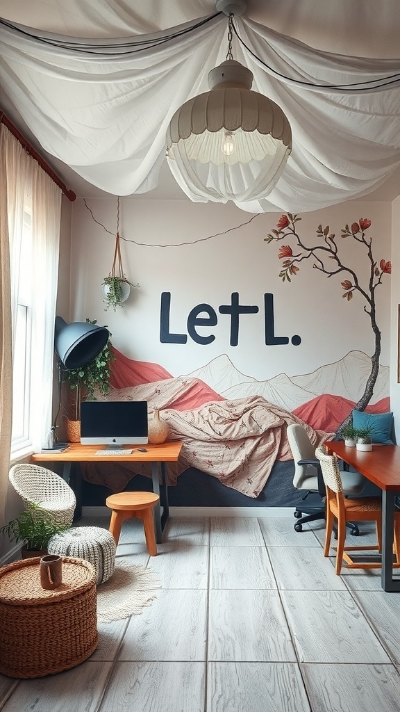 A beautifully designed mural in a kids' bedroom featuring soft colors and a cozy atmosphere.