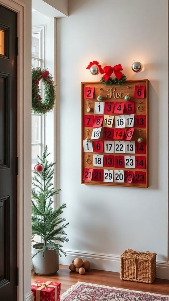 Advent calendar with red and gold accents on a wall, small evergreen tree, and a wreath in the entryway.