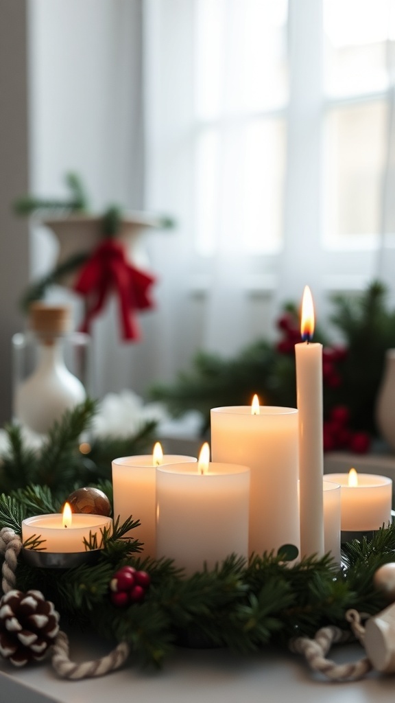 A display of white Advent candles arranged in a green wreath with pine and berries.