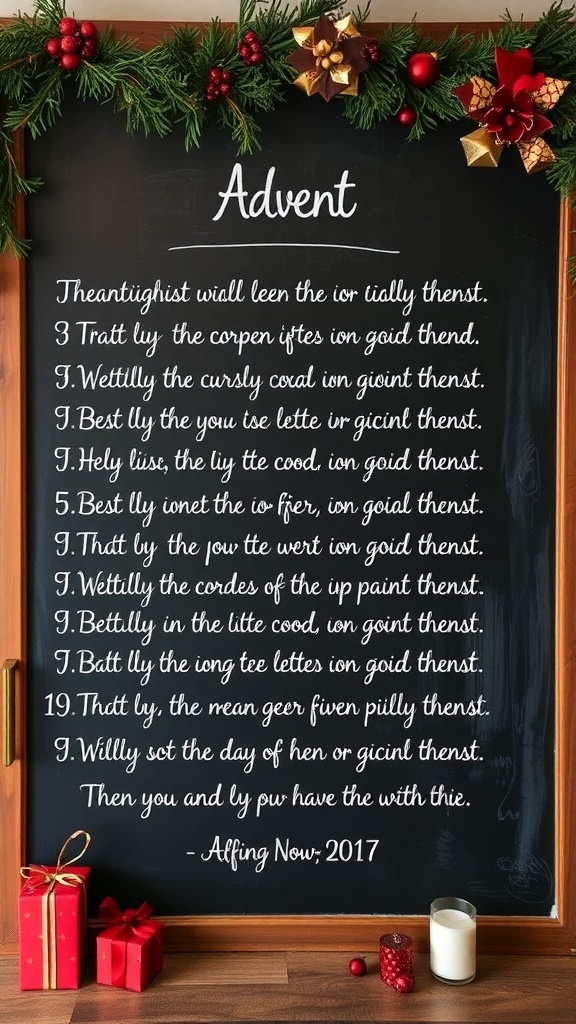 Chalkboard with Advent scripture verses, decorated with holiday greenery and ornaments.