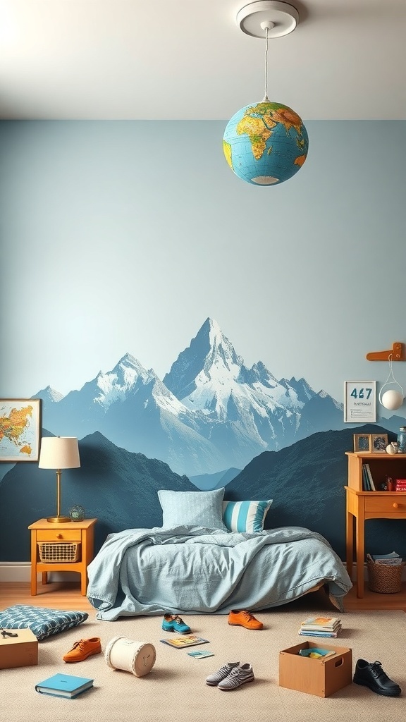 A stylish boys' bedroom featuring a mountain mural, globe pendant light, and cozy bedding.