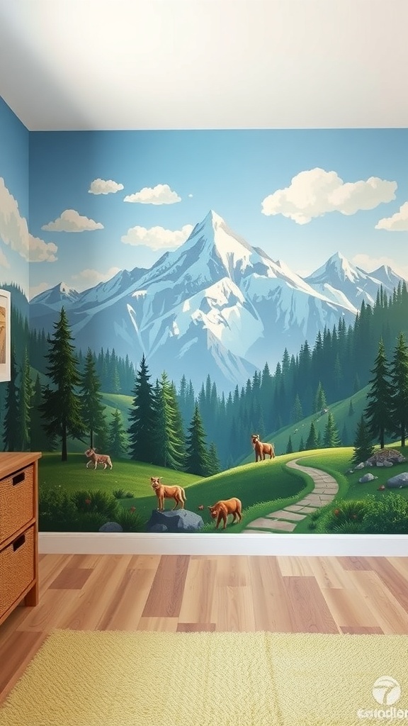 A beautiful wall mural depicting a mountain landscape with animals and a winding path