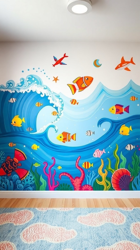 Colorful ocean-themed mural featuring waves and fish