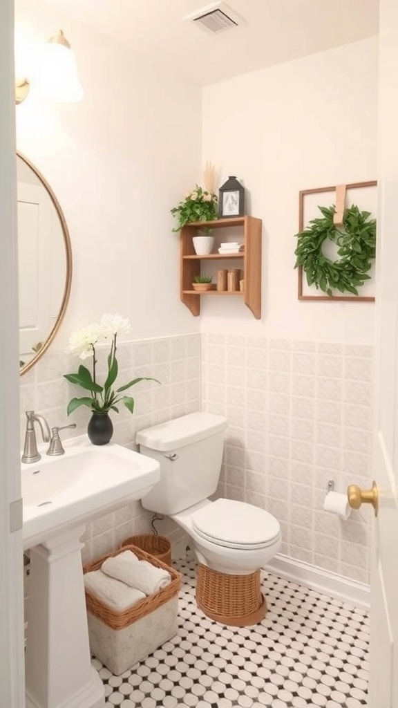 A stylish small bathroom with light colors, a round mirror, and decorative shelves.