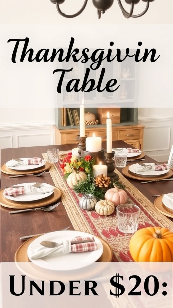 Thanksgiving table setup with decor under $20, featuring pumpkins, candles, and plaid napkins.