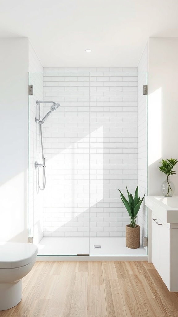 A modern bathroom featuring a glass shower with white subway tiles and a potted plant.