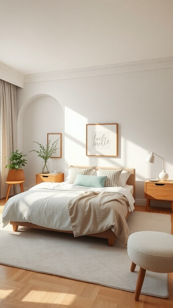 A bright bedroom featuring Alabaster walls, light wood furniture, and soft textiles, creating a warm and inviting atmosphere.