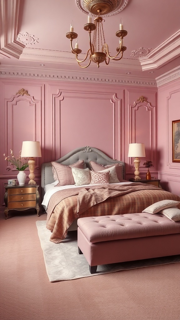 A cozy bedroom drenched in mauve, featuring matching walls, ceiling, and decor.