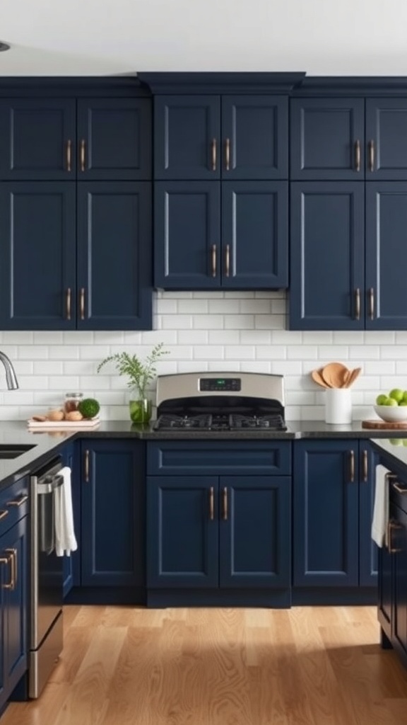A modern kitchen featuring all-over navy cabinets with brass hardware and a white subway tile backsplash.