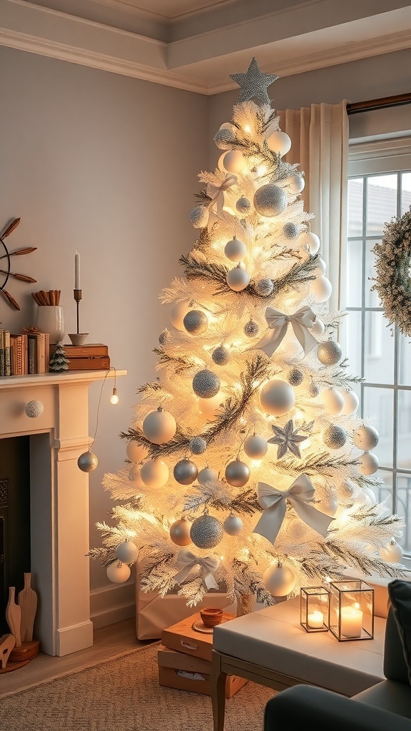 A beautifully decorated all-white Christmas tree with warm lights and silver ornaments in a cozy living room.