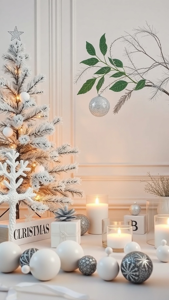 A beautifully decorated all-white Christmas scene featuring a frosted tree, white and silver ornaments, and soft candlelight.
