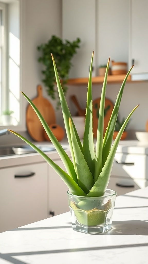 Aloe Vera plant in a glass pot on a kitchen counter with sunlight streaming in